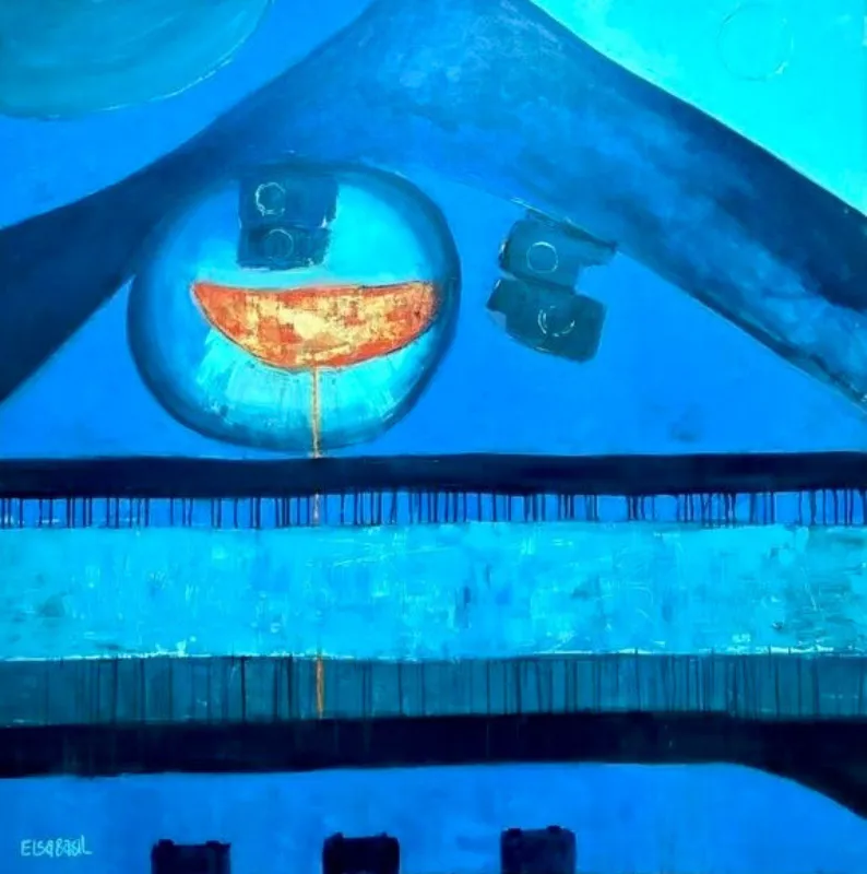 Abstract painting in electric blues: an arched deep-blue form over a glowing orange vessel shape, above banded fields of light and dark blue.