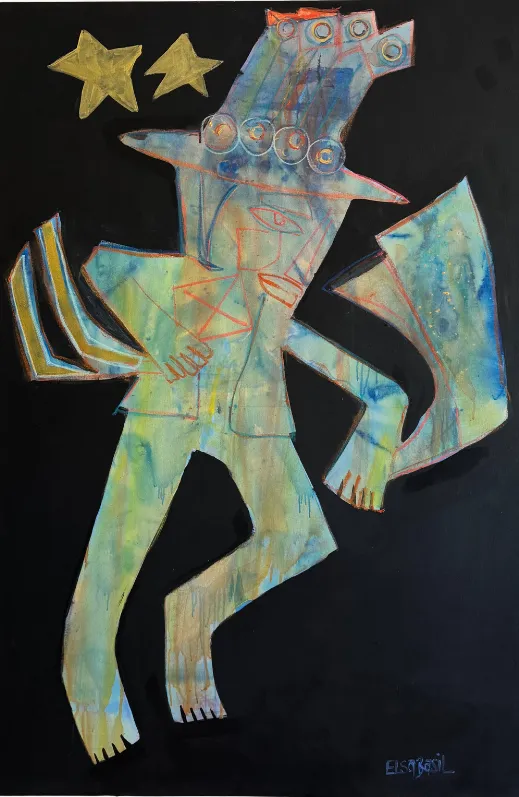 A dancing figure in pale greens and golds leaping across a black field, gold stars above.