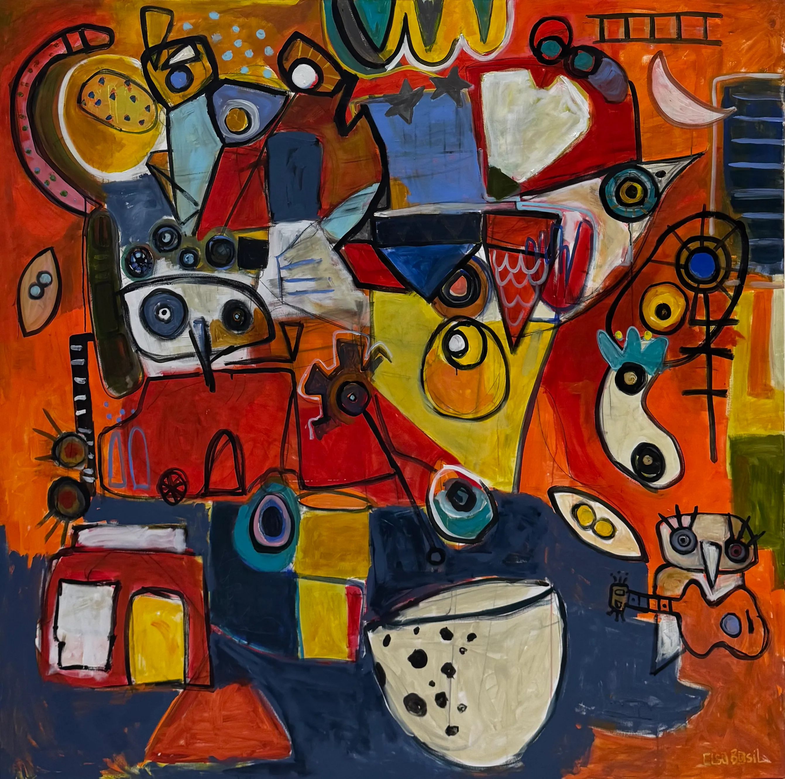 Large square painting on warm orange and deep blue grounds, dense with black-outlined figures: wide-eyed owls, a small guitar, ladders, stars, wheels, a crescent moon and a speckled bowl