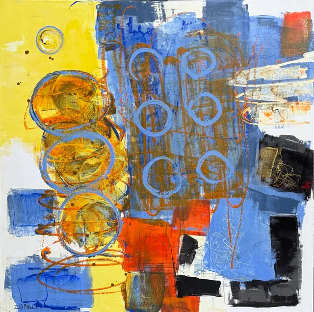 Pintura abstracta cuadrada dividida entre una banda amarilla y un campo de azules: cadenas de círculos ámbar descienden por el lado izquierdo mientras aros celestes flotan sobre trazos naranjas rayados