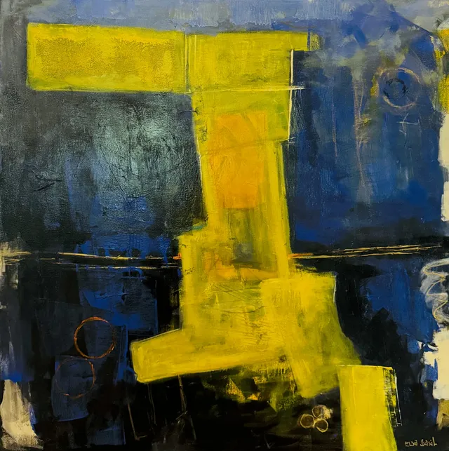 Pintura abstracta de formas amarillas luminosas hundiéndose entre capas de azul profundo y negro