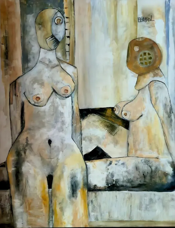 Two pale sculptural nude figures in ochres and bone whites, one wearing a round diving helmet, facing each other.