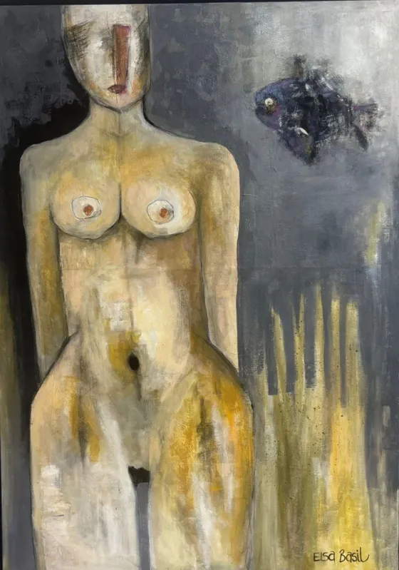 A pale sculptural nude figure against grey, a small dark angelfish swimming above her shoulder, gold falling like rain.