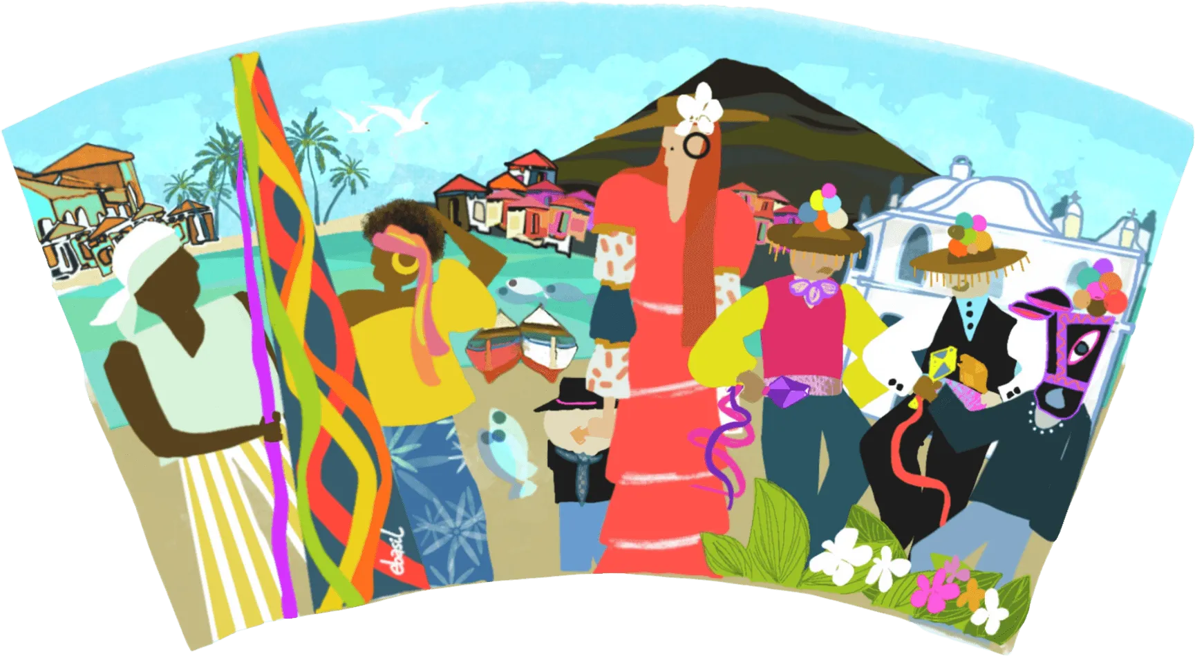 A mug wrap of a festival crowd in traditional dress before a volcano, surfboards and palms at the shore
