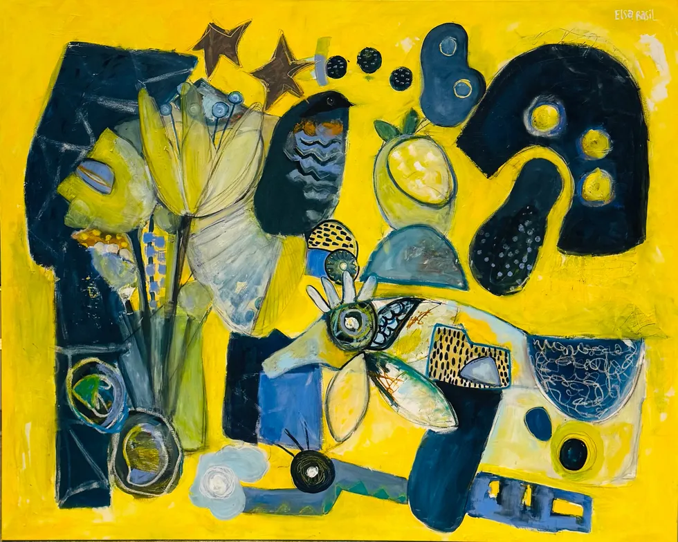 Large yellow painting layered with deep blue and pale green forms, a profile face, tulips, a bird, brown stars, lemons and organic shapes across the surface