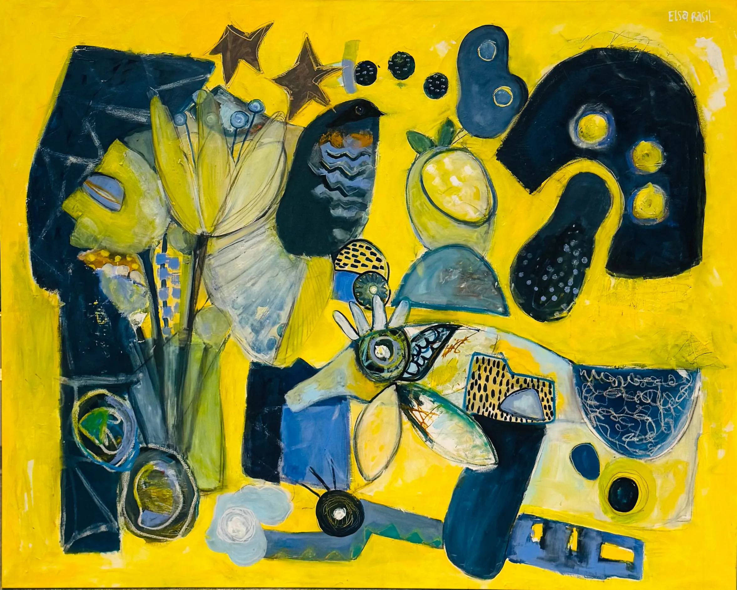 Large yellow painting layered with deep blue and pale green forms, a profile face, tulips, a bird, brown stars, lemons and organic shapes across the surface