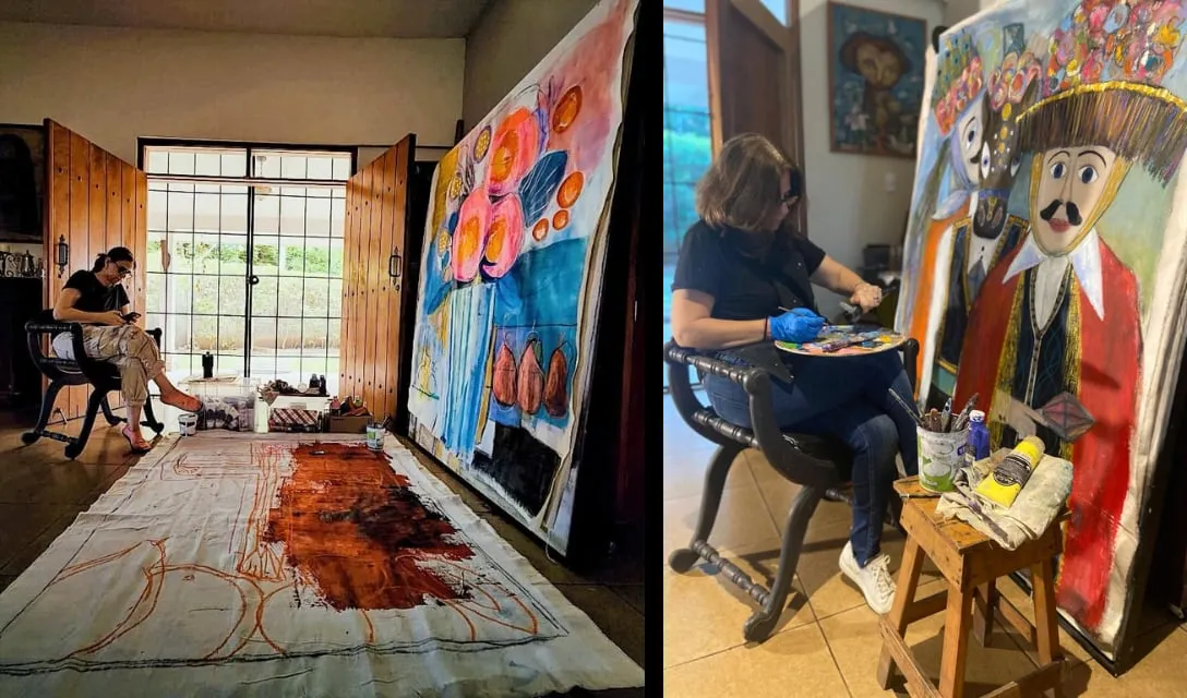 Dos escenas de Elsa Basil pintando lienzos de gran formato en su taller