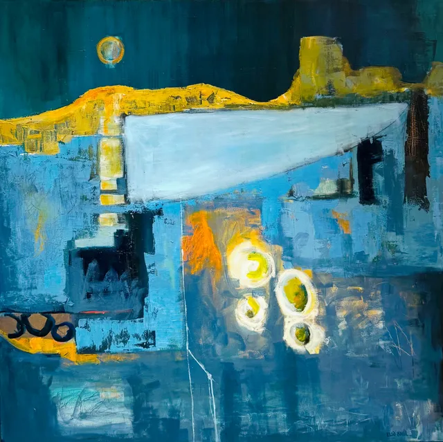 Pintura abstracta de una cuña pálida de horizonte cruzando profundidades turquesas y azules, un sol pequeño sobre una cresta dorada