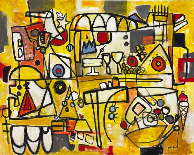 Pintura apaisada en amarillo dibujada en línea negra: una mesa larga con copas, frutas y pedestales, arcos blancos, pequeños triángulos, un cono de helado y estrellas dispersas