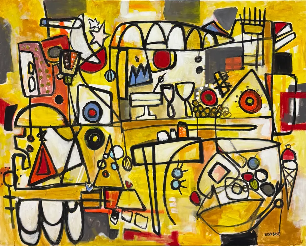 Pintura apaisada en amarillo dibujada en línea negra: una mesa larga con copas, frutas y pedestales, arcos blancos, pequeños triángulos, un cono de helado y estrellas dispersas